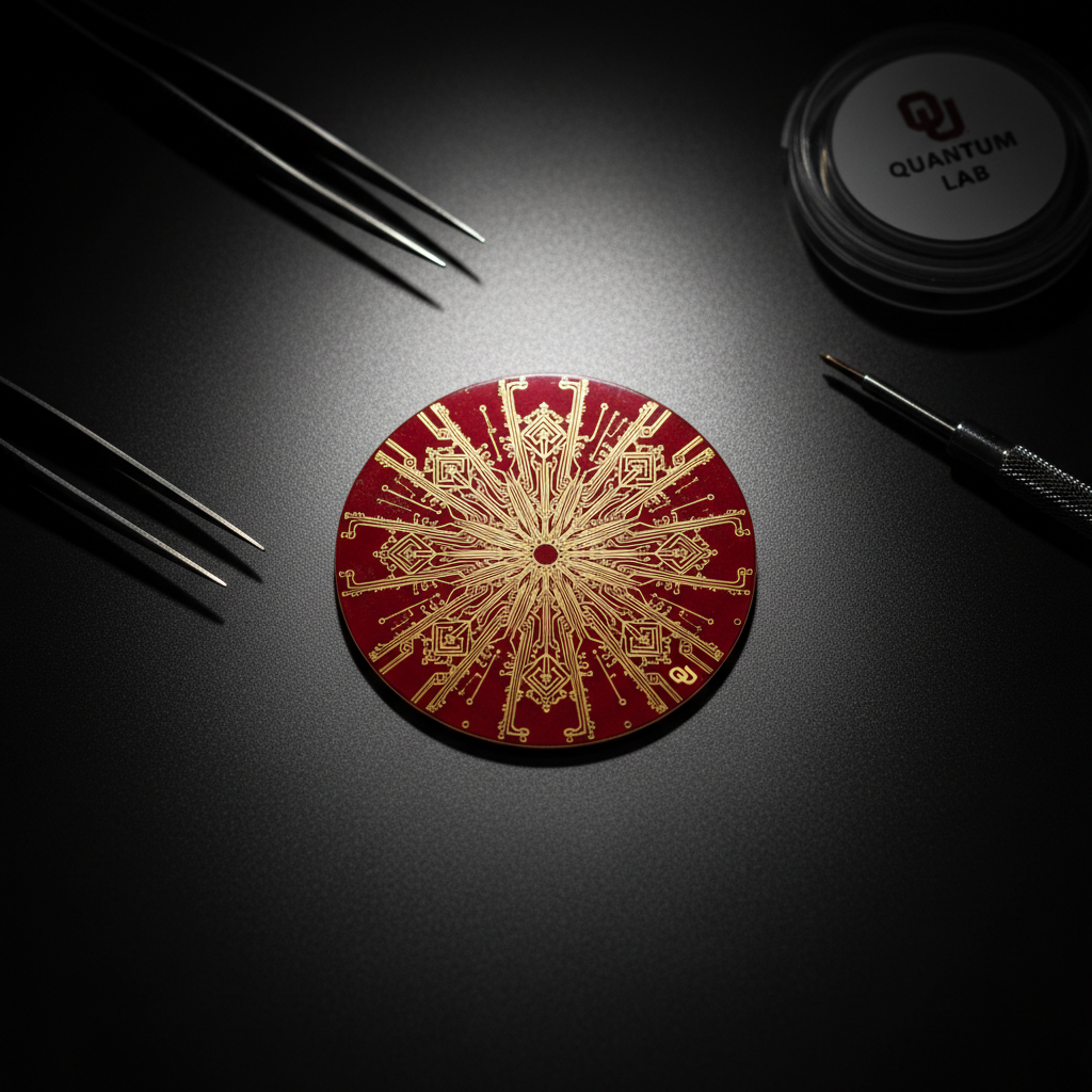 A dramatic, photographic overhead view of a circular superconducting qubit chip resting on a dark, matte surface, symbolizing advanced research at the University of Oklahoma. The chip is patterned with intricate gold circuits radiating outward like a geometric mandala against a deep crimson substrate, subtly echoing OU colors. Around the chip, slightly out of focus, lie precision tools such as tweezers, a micro screwdriver, and a labeled wafer container. A single focused spotlight from above creates sharp, high-contrast highlights on the gold pathways and deep shadows that enhance the sense of depth and complexity. The mood is meticulous and research-driven. The centered composition and shallow depth of field draw the viewer’s eye directly into the chip’s detailed structure.