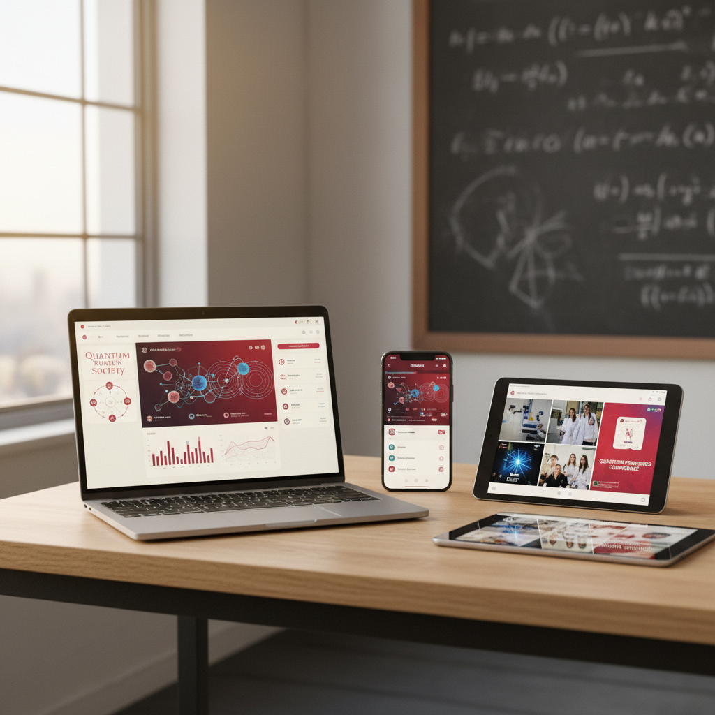 A clean, contemporary workspace representing the Quantum Society’s online presence, depicted in photographic realism. A slim, silver laptop sits open on a light oak desk, its screen showing an abstract quantum computing dashboard with qubit visualizations and graphs in OU crimson and cream tones. Beside it, a smartphone displays a Discord server interface with quantum-themed channel icons, and a tablet shows an Instagram grid of lab photos and event posters. Soft afternoon light filters through a nearby window, creating gentle highlights on the devices and a calm, focused atmosphere. The background is minimally decorated with a framed chalkboard full of faint quantum equations. Shot from a slightly elevated angle with shallow depth of field, the composition emphasizes the coordinated digital ecosystem of a student society.