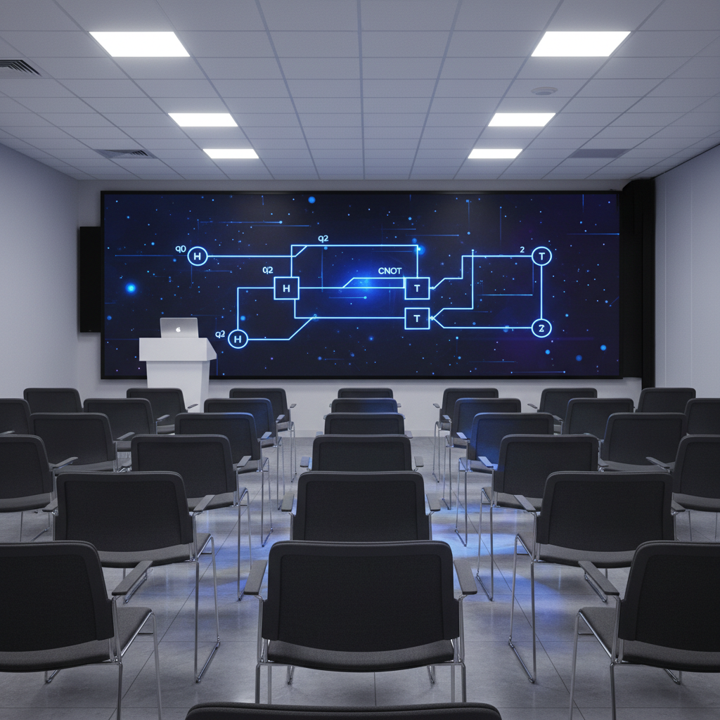A modern university seminar room set up for a quantum computing talk, depicted in photographic realism but without any human subjects. The front wall features a large digital screen displaying a vivid, stylized diagram of a quantum circuit in bright blues and purples, with gates and qubits clearly visible. Rows of simple, dark chairs face the screen, and a minimalist lectern with a closed laptop stands to one side. Soft, even overhead lighting keeps the space bright and professional, while a faint glow from the screen casts subtle colored reflections on nearby surfaces. The mood is academic and anticipatory. Captured from the back of the room at eye level, with sharp focus throughout, the composition draws the eye naturally toward the illuminated quantum circuit display.