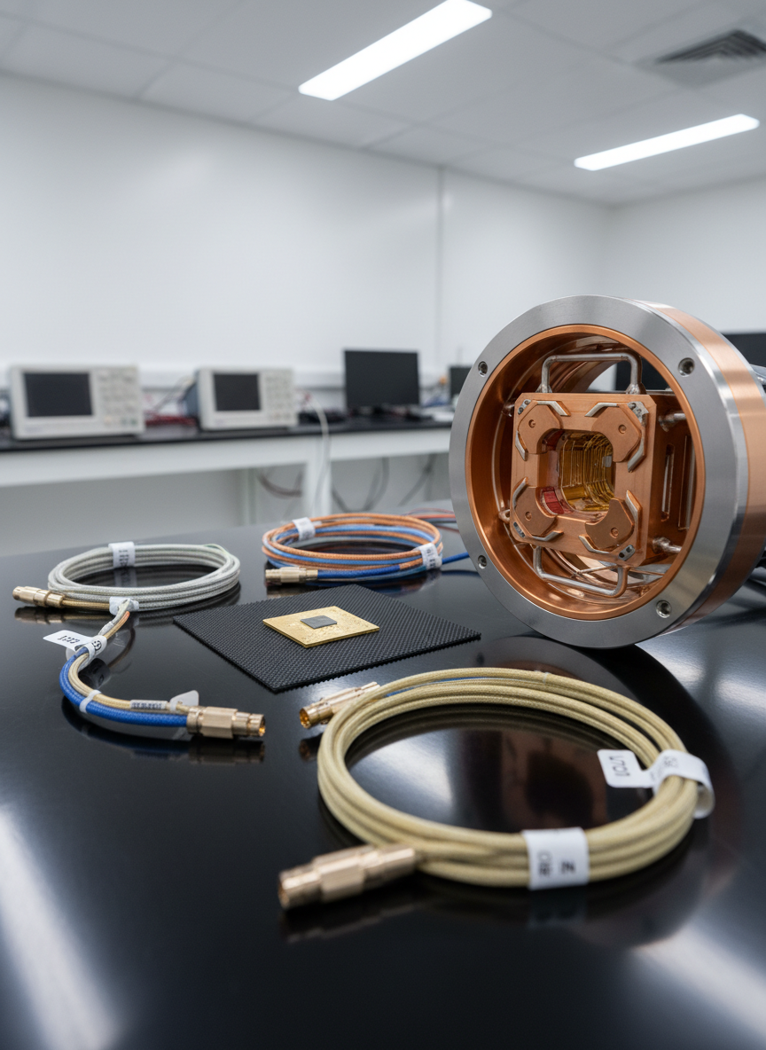 A close-up, photographic view of a glossy black lab bench displaying a carefully arranged collection of quantum computing components: a gold-plated superconducting qubit chip on a dark anti-static mat, neatly labeled coaxial cables with metallic connectors, and an open cryostat flange revealing precision-machined copper parts. The bench sits in a clean, white-walled research room, with blurred oscilloscopes and signal generators in the background. Cool white overhead lighting creates crisp reflections on the metallic surfaces and gentle shadows that emphasize texture. The mood is focused and technical, highlighting experimental hardware. Shot from a slightly elevated angle with shallow depth of field, the composition centers the qubit chip while allowing the out-of-focus instruments to suggest an active, well-equipped university lab.