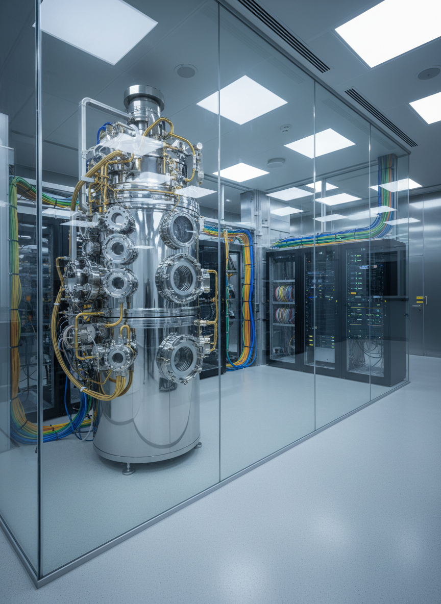 A sleek, high-end quantum computing lab environment rendered in photographic realism, featuring a central dilution refrigerator with polished stainless steel surfaces, intricate gold wiring, and circular access ports. The machine stands in a spotless, glass-walled room with neatly organized racks of equipment and coiled fiber-optic cables along the walls. Cool, diffused overhead LED lighting creates subtle reflections on metal surfaces and faint shadows on the smooth epoxy floor. The mood is professional, cutting-edge, and orderly. Captured at eye level with a slightly wide-angle lens, the composition uses the rule of thirds, keeping the main machine dominant while the background remains in soft focus, suggesting an advanced research space at a modern university.