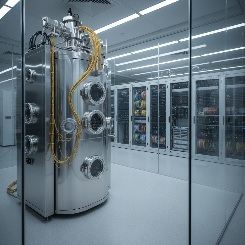 A sleek, high-end quantum computing lab environment rendered in photographic realism, featuring a central dilution refrigerator with polished stainless steel surfaces, intricate gold wiring, and circular access ports. The machine stands in a spotless, glass-walled room with neatly organized racks of equipment and coiled fiber-optic cables along the walls. Cool, diffused overhead LED lighting creates subtle reflections on metal surfaces and faint shadows on the smooth epoxy floor. The mood is professional, cutting-edge, and orderly. Captured at eye level with a slightly wide-angle lens, the composition uses the rule of thirds, keeping the main machine dominant while the background remains in soft focus, suggesting an advanced research space at a modern university.